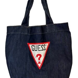 Guess USA Denim ShoulderTote Bag Dark Blue with Tan Thread 80's-90's Retro